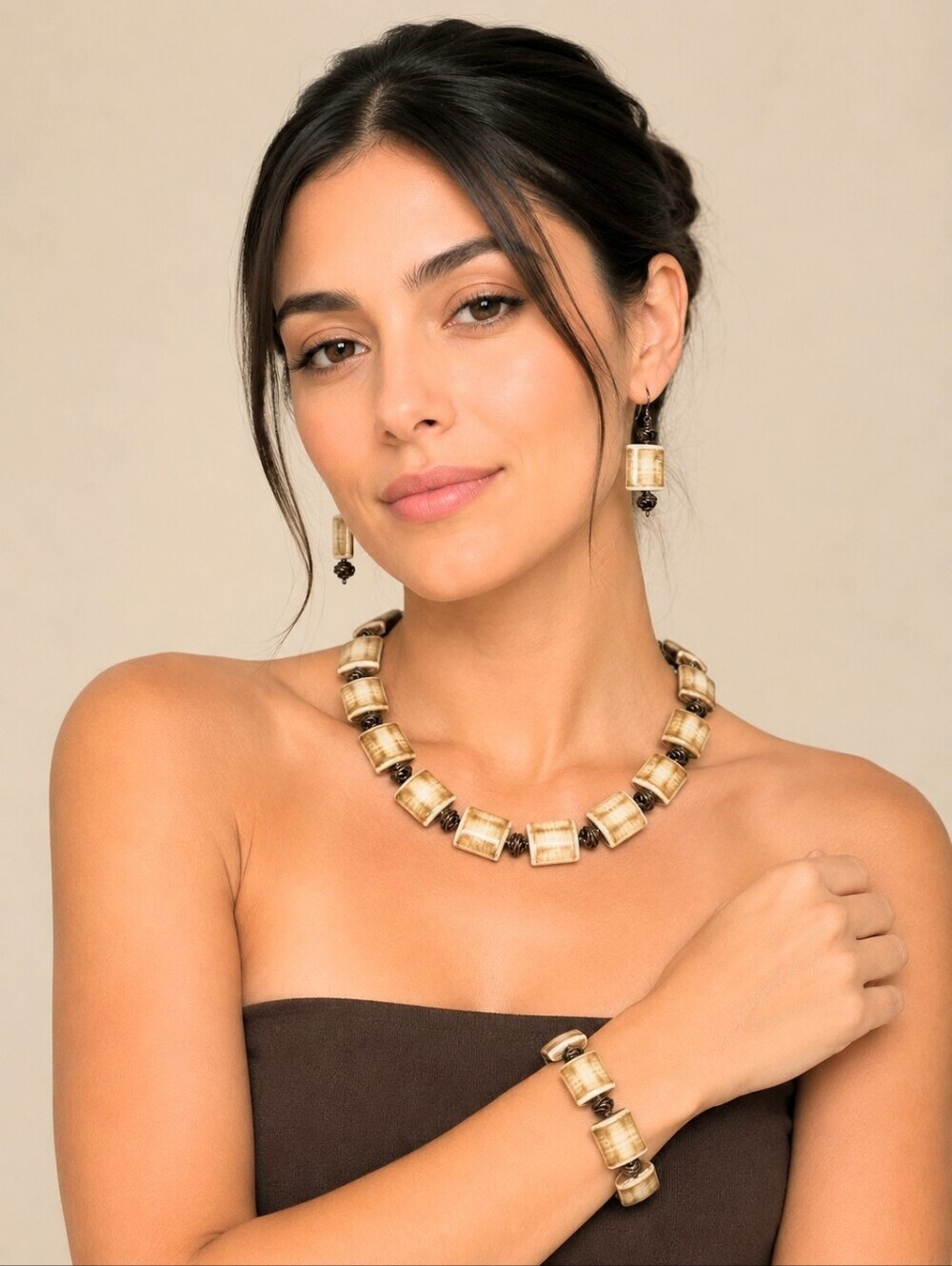 Earthy Brown & Cream Beaded Jewelry Set - Picture 5 of 9